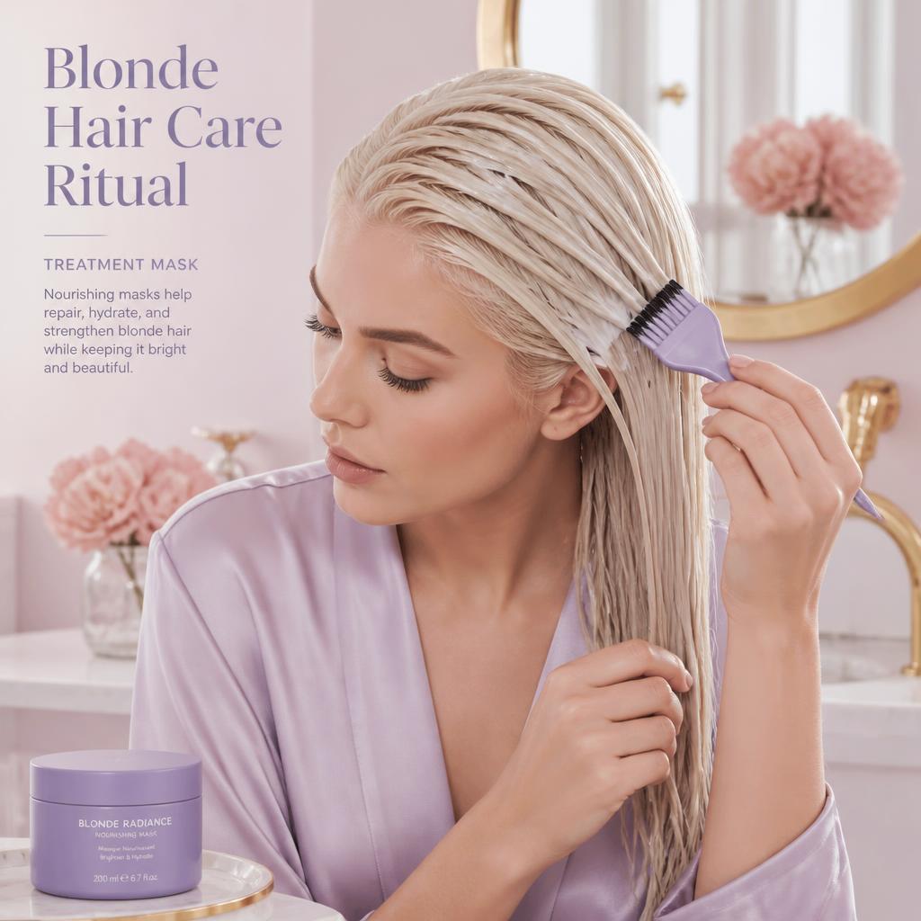 Woman applying nourishing treatment mask to blonde hair