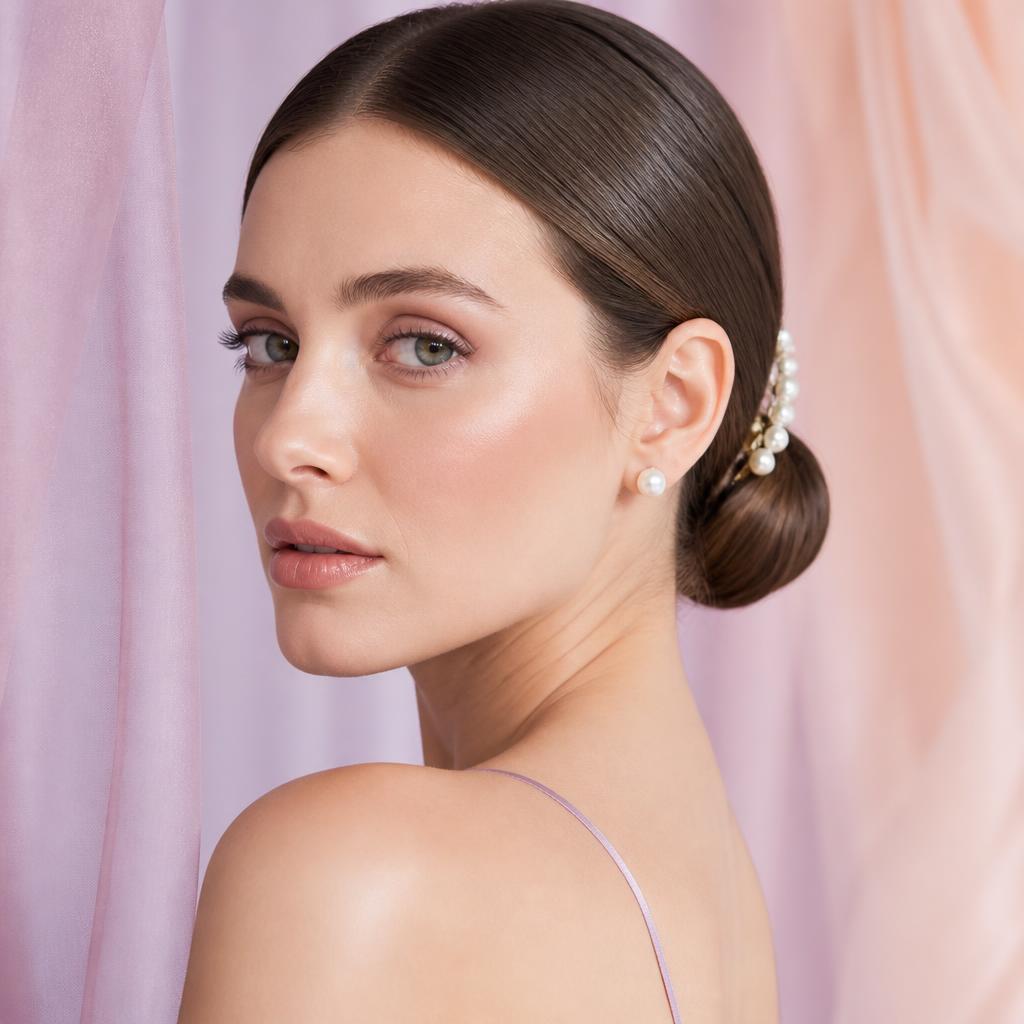 Woman with a sleek modern low bun and pearl hair accessories