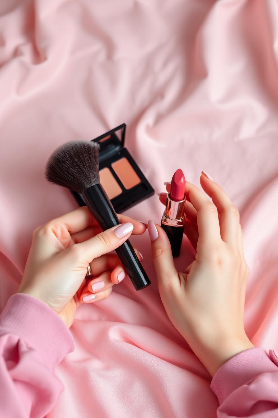 Hands holding a makeup brush and lipstick